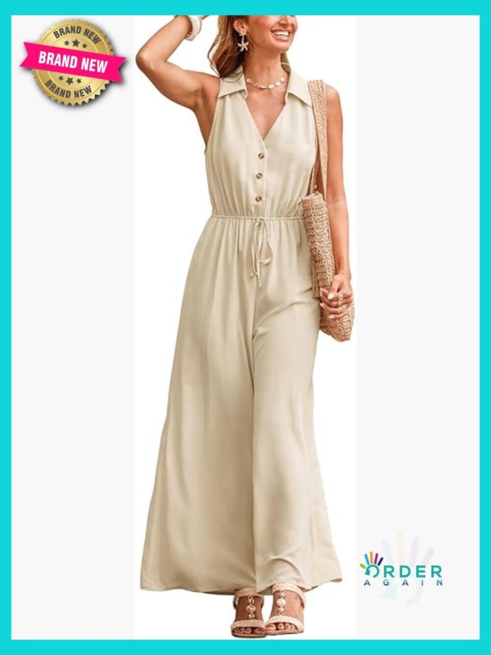 Sleeveless Shirt Collar Drawstring Wide Leg Casual Jumpsuit Summer Beach